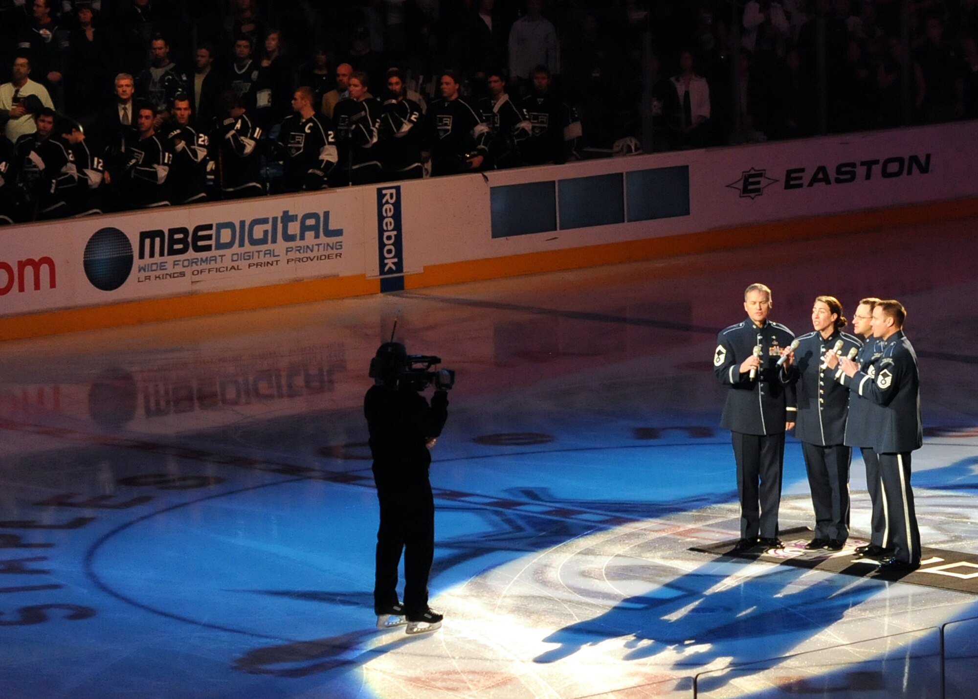 Members of the USAFA Band perform God Bless America and the National Anthem at the Staples Center in Los Angeles, Calif., before the LA Kings play the Phoenix Coyotes, Feb 21. “Blue Steel” is a component of the United States Air Force Academy Band that performs popular music to enhance community relations and support the recruiting mission of the U.S. Air Force. (Photo by Atiba S. Copeland)