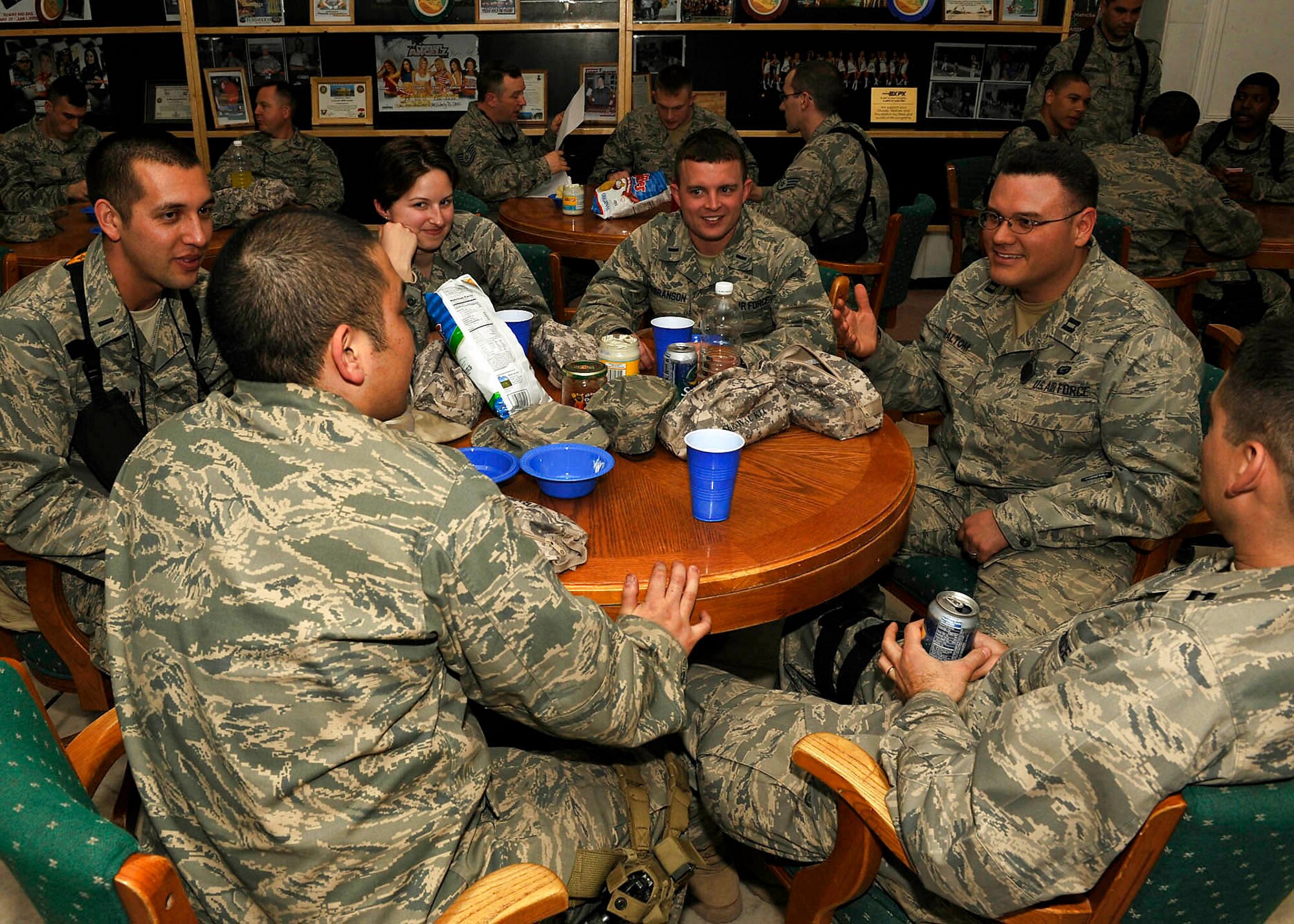 Chaplain (Capt.) David Haltom provides spiritual guidance to a group of joint expeditionary tasked Airmen Feb. 23 at Camp Slayer, Iraq. Chaplain Haltom is the 732nd Air Expeditionary Group chaplain. (U.S. Air Force photo/Senior Airman Jacqueline Romero) 
