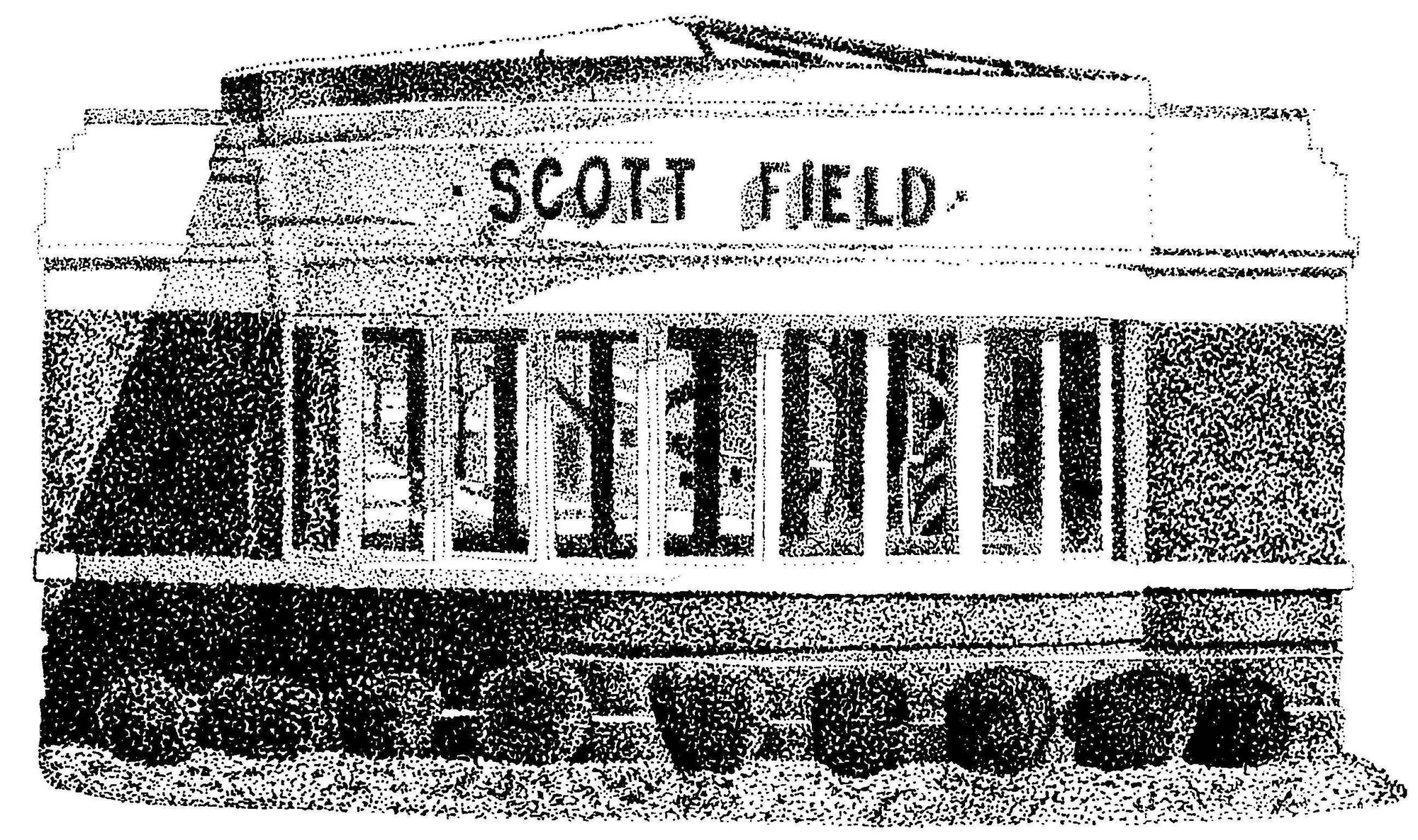 Mr. Zeilman created this pen-and-ink image of the old Scott gate in 1997 for the 50th anniversary of the Air Force.  Mr. Zeilman used an artistic method called stippling to create the illusion of texture.