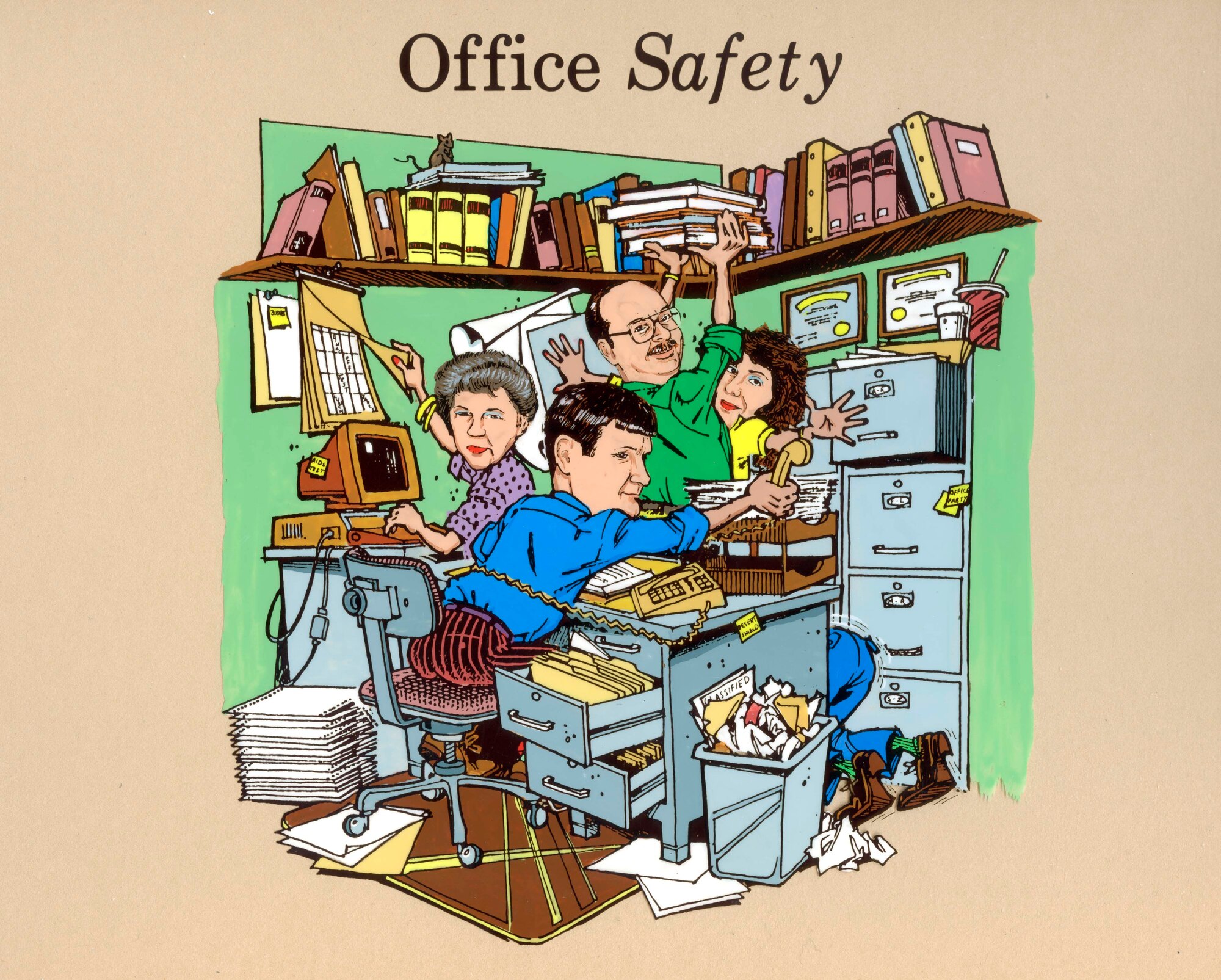 Mr. Zeilman created this “Office Safety” painting in the late 1980’s to liven up safety briefings.  The painting features co-workers Mr. Zeilman had at the time.