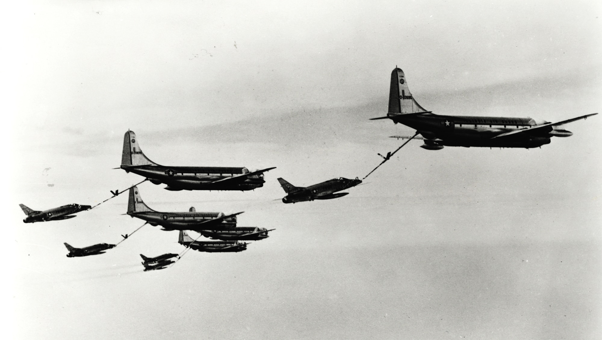 In August 1964 these former Strategic Air Command KC-97Gs -- by then assigned to the Illinois Air National Guard?s 126th Air Refueling Wing out of O?Hare International Airport -- refueled Air National Guard F-100D ?Super Sabres? in the first non-stop trans-Atlantic deployment of guard fighters to Europe (U.S. Air Force photo)