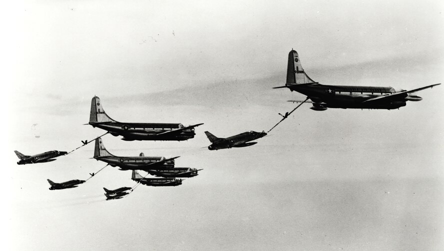 In August 1964, these former Strategic Air Command KC-97Gs -- by then assigned to the Illinois Air National Guard's 126th Air Refueling Wing out of O'Hare International Airport -- refueled Air National Guard F-100D "Super Sabres" in the first non-stop trans-Atlantic deployment of guard fighters to Europe. (U.S. Air Force photo)