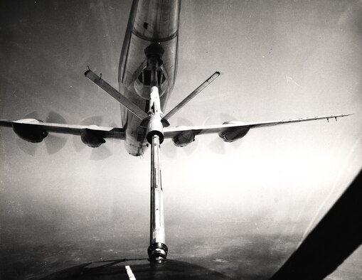 This receiver aircraft pilot's-eye view of an inflight refueling operation provides an excellent view of the flying boom and the boomer pod on the underside of the KC-97 tanker. (U.S. Air Force photo) 