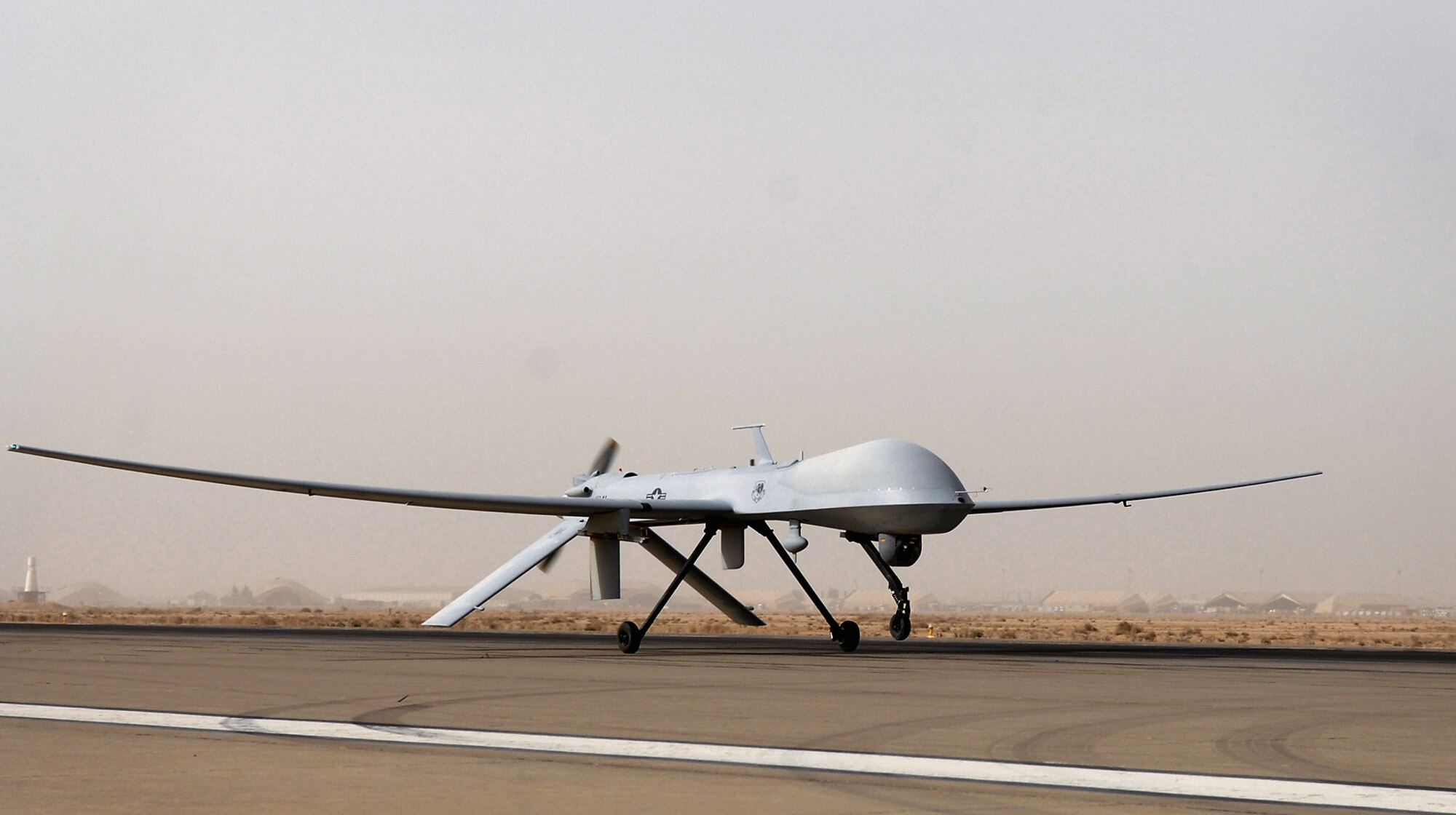 An MQ-1 Predator unmanned aircraft prepares for take off in support of operations in Southwest Asia. The Predator is a medium-altitude, long-endurance, remotely piloted aircraft that conducts armed reconnaissance against critical targets. (U.S. Air Force photo/Senior Airman Julianne Showalter)