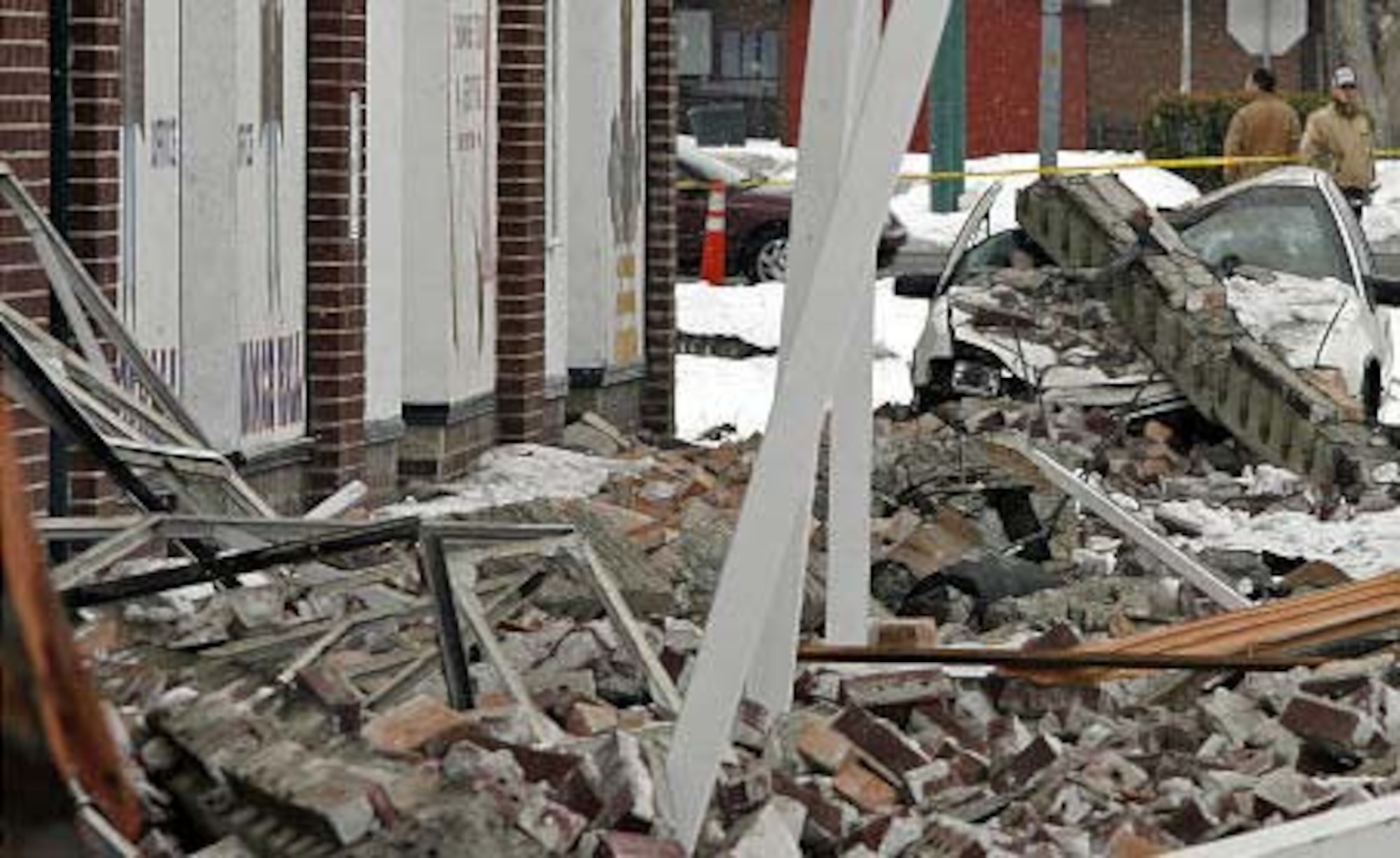 WELLS, Nev. – A damaged car sits in front of the Wells Chalet Bar and Casino surrounded by debris in Wells, Nev., after a 6.0 magnitude earthquake Feb. 21, 2008. Senior Airman Randal Kyllo, then assigned to the 3rd Contracting Squadron in Elmendorf Air Force Base, Alaska, was visiting his family in Winnemucca, Nev., when the earthquake hit. Airman Kyllo, now assigned to the 52nd Contracting Squadron, received an Air Force Achievement Medal for the assistance he provided on scene. (Courtesy photo)