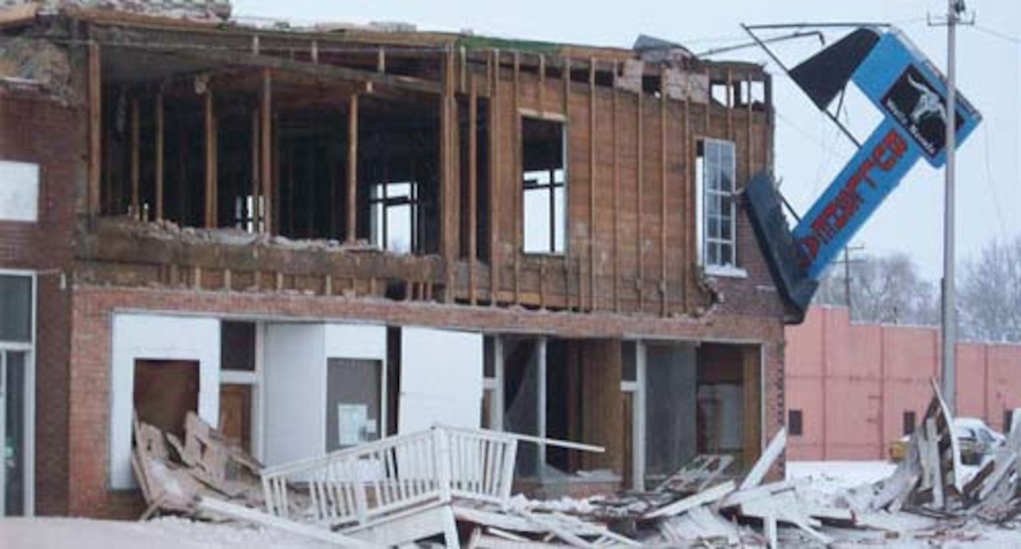 WELLS, Nev. – The front side of the Bullshead Motel in the historic district of Wells, Nev., was destroyed by a 6.0 magnitude earthquake Feb. 21, 2008. Senior Airman Randal Kyllo, then assigned to the 3rd Contracting Squadron in Elmendorf Air Force Base, Alaska, was visiting his family in Winnemucca, Nev., when the earthquake hit. Airman Kyllo, now assigned to the 52nd Contracting Squadron, responded to the scene to assist survivors, set up temporary shelters, provided security and delivered food and water for 48 hours. (Courtesy photo)
