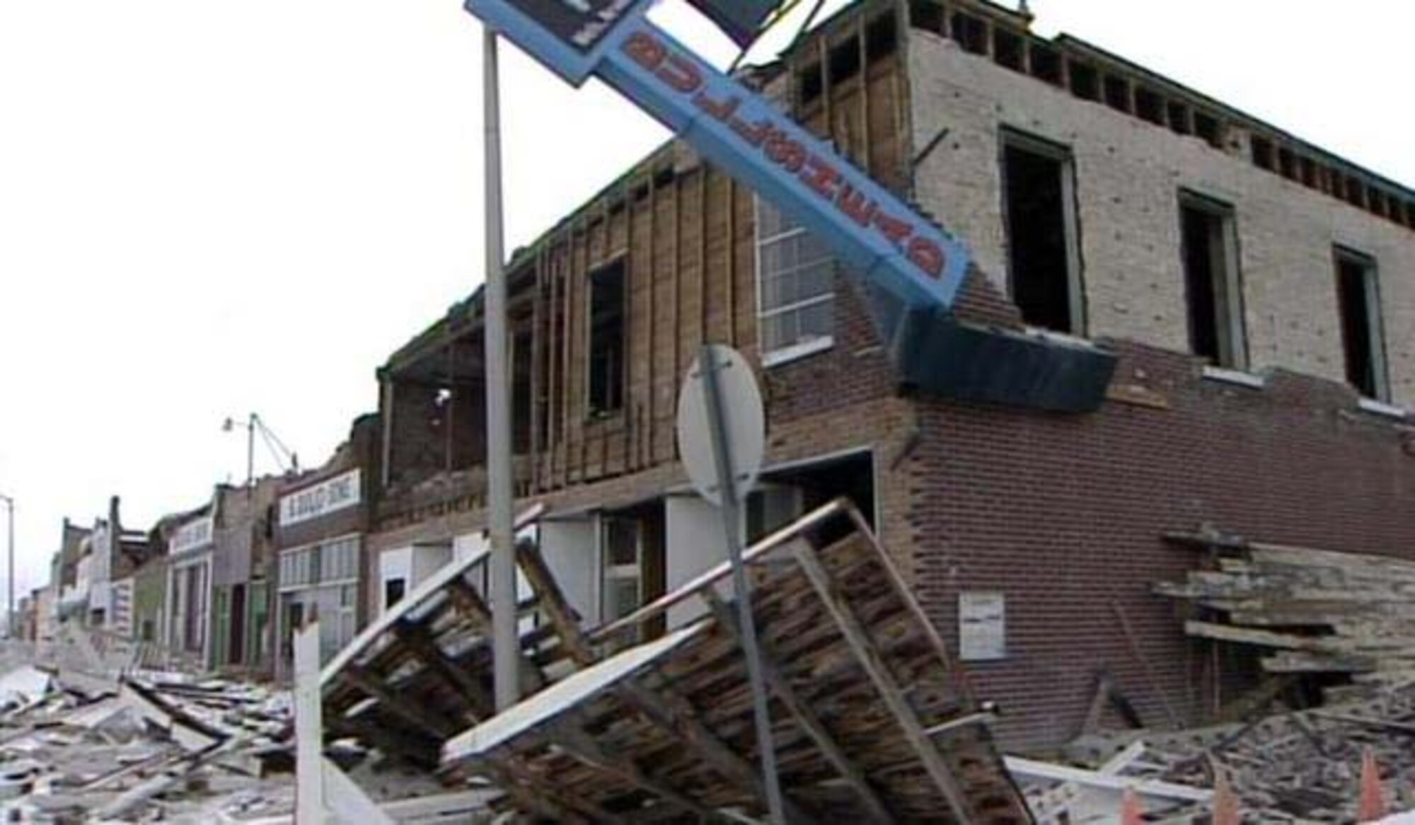 WELLS, Nev. – The front side of the Bullshead Motel in the historic district of Wells, Nev., was destroyed by a 6.0 magnitude earthquake Feb. 21, 2008. Senior Airman Randal Kyllo, then assigned to the 3rd Contracting Squadron in Elmendorf Air Force Base, Alaska, was visiting his family in Winnemucca, Nev., when the earthquake hit. Airman Kyllo, now assigned to the 52nd Contracting Squadron, responded to the scene to assist survivors, set up temporary shelters, provided security and delivered food and water for 48 hours. (Courtesy photo)