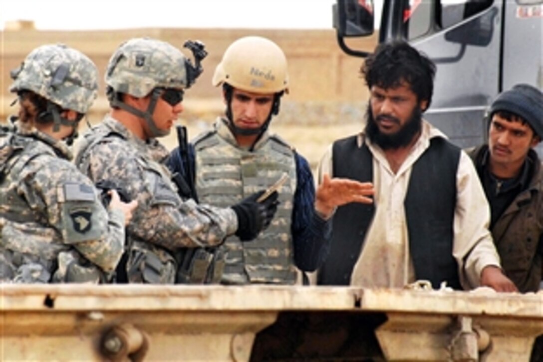 U.S. Army soldiers and their Afghan interpreter communicate with Afghan villagers in Bagram, Afghanistan, March 2, 2009. The soldiers are assigned to the 101st Airborne Division's Company A, Personnel Security Detail.