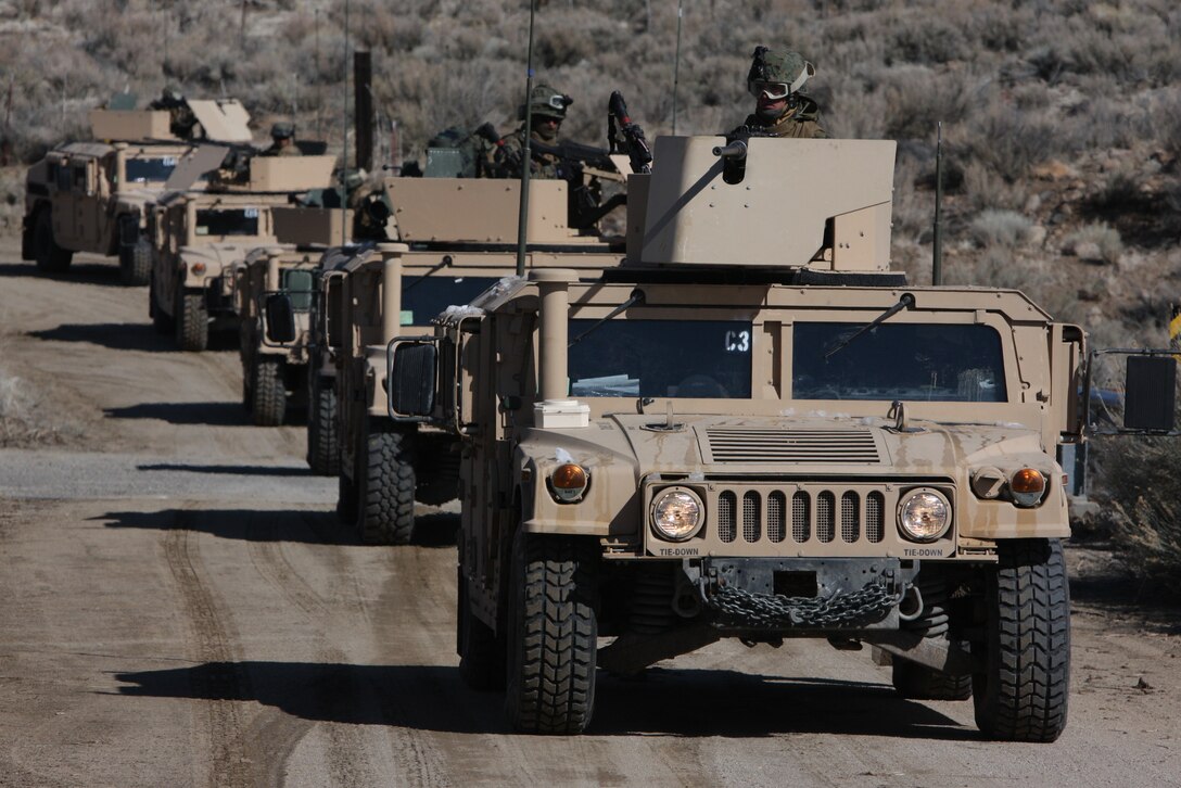 Marines and sailors of Weapons Company, 3rd Battalion, 4th Marine Regiment, conduct a 35-mile convoy training exercise from the town of Bridgeport, Calif., to Hawthorne Army Ammunition Depot in Hawthorne, Nev., March 7.
