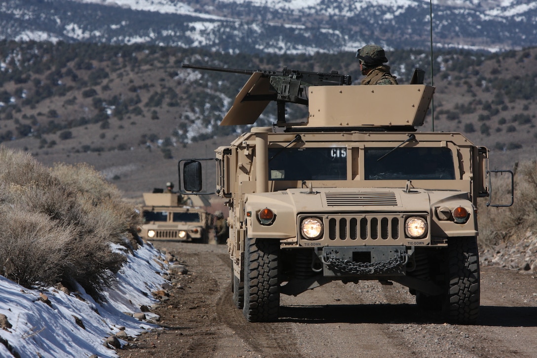 Marines and sailors of Weapons Company, 3rd Battalion, 4th Marine Regiment, conduct a 35-mile convoy training exercise from the town of Bridgeport, Calif., to Hawthorne Army Ammunition Depot in Hawthorne, Nev., March 7.