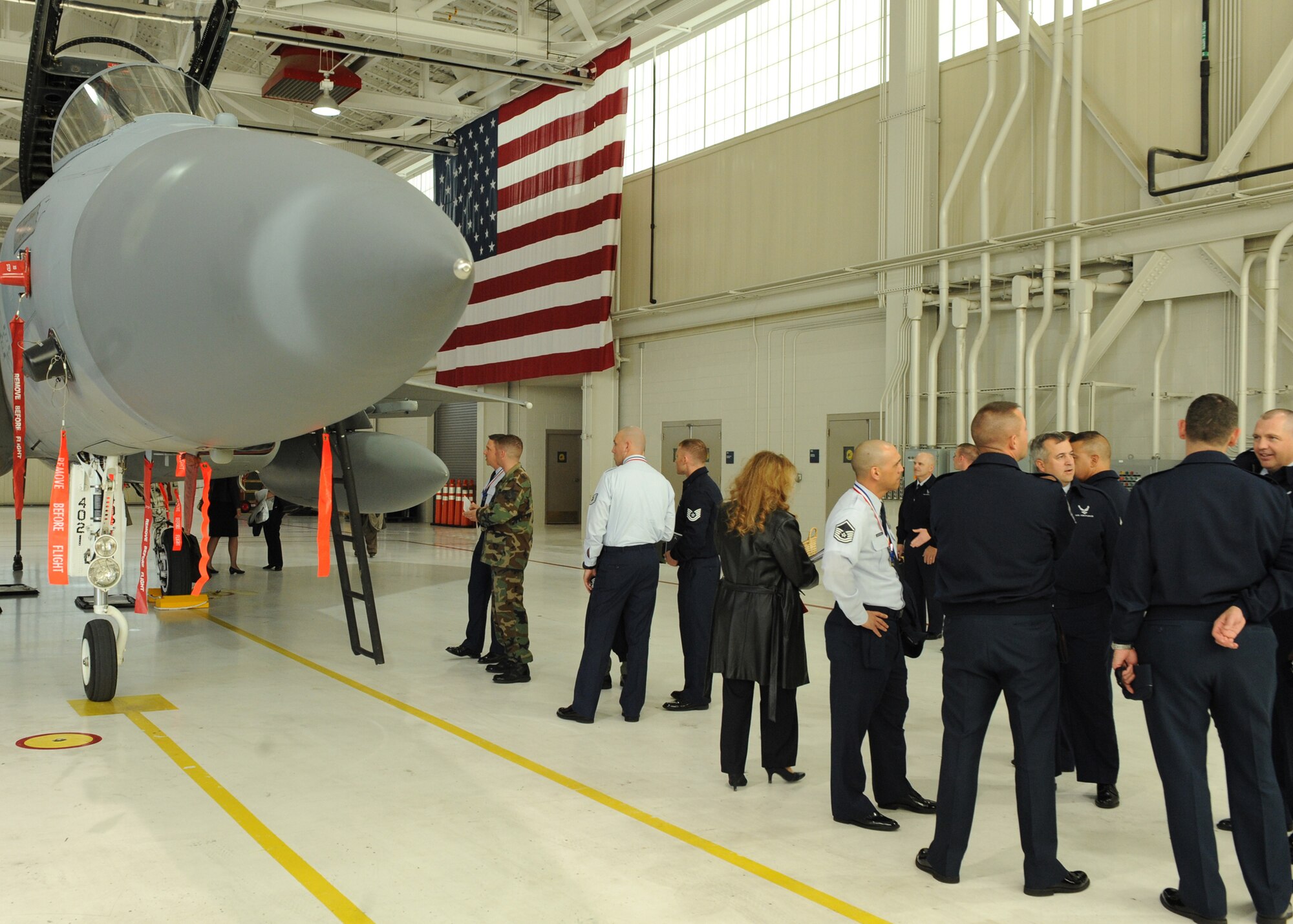 LANGLEY AIR FORCE BASE, Va. – Attendees of the 9th Air Force Total Force Conference look at an F-15 Eagle during a civic leader tour here March 5.  The conference recognizes the top performers of the 9th AF and provides a time for the commanders of each wing to meet. (U.S. Air Force photo/Airman 1st Class Jonathan Koob)