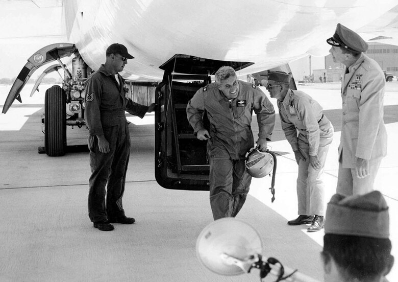 Then-Brig. Gen. Eubank exits a B-52 at Castle AFB, Calif., June 27, 1955, after his first flight in the aircraft, while other Airmen look on. Eubank accepted the first B-52 into the Air Force inventory. A conference center at Barksdale Air Force Base was named in his honor March 4. (U.S. Air Force Photo)