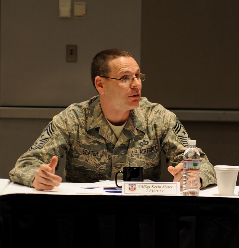 LANGLEY AIR FORCE BASE, Va. – Chief Master Sgt. Kevin Slater, 1st Fighter Wing command chief, speaks to a group of command chiefs during the 9th Air Force Total Force Conference March 4. The conference recognizes the top performers of the 9th AF and provides a time for the commanders of each wing to meet. (U.S. Air Force photo/Airman Rebecca Montez)