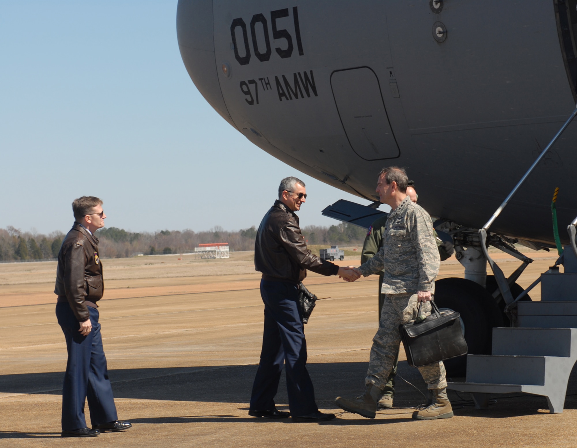 Col. Roger Watkins, 14th Flying Training Wing commander, greets Gen. Stephen Lorenz, Air Education and Training Commander, as he disembarks from a C-17 Globemaster March 2. The general was here as part of the AETC Commander’s and Command Chief’s Conference, which was held March 2-6. Over 100 senior leaders attended the conference. (U.S. Air Force photo/Melissa Duncan).