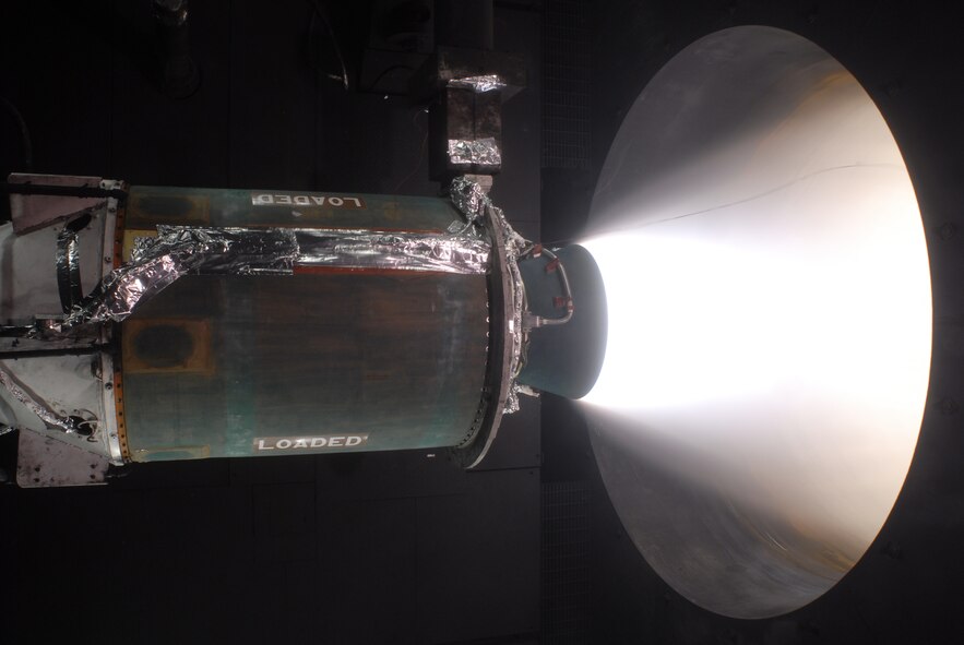 AEDC testers fired this upper-stage Minuteman rocket motor Feb. 11, marking the 100th rocket motor test in the J-6 Large Rocket Motor Test Facility. (Air Force photo)