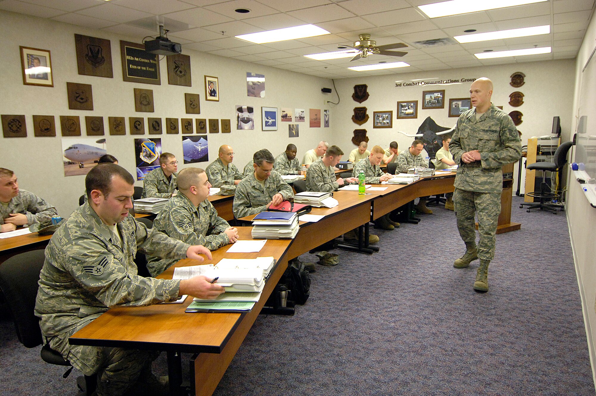 During a recent class, Airman Leadership School instructor Staff Sgt. Joe Finch leads a role playing counseling session with student Senior Airman Jennifer Boots. Training Airmen to be good leaders and supervisors is a goal of the intensive 24-day school. (Air Force photo/Margo Wright)