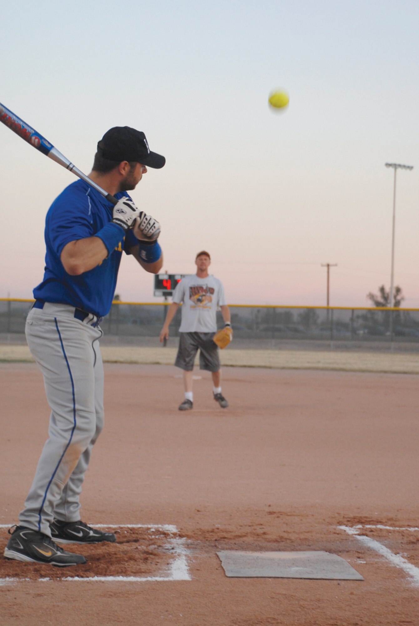 Paul DeGrechie, 756th Aircraft Maintenance Squadron, is at bat during the championship softball game between the 756th AMS and the 56th Security Forces Squadron held at the Luke softball fields Feb. 25. (U.S. Air Force/Airman 1st Class Tracie Forte)