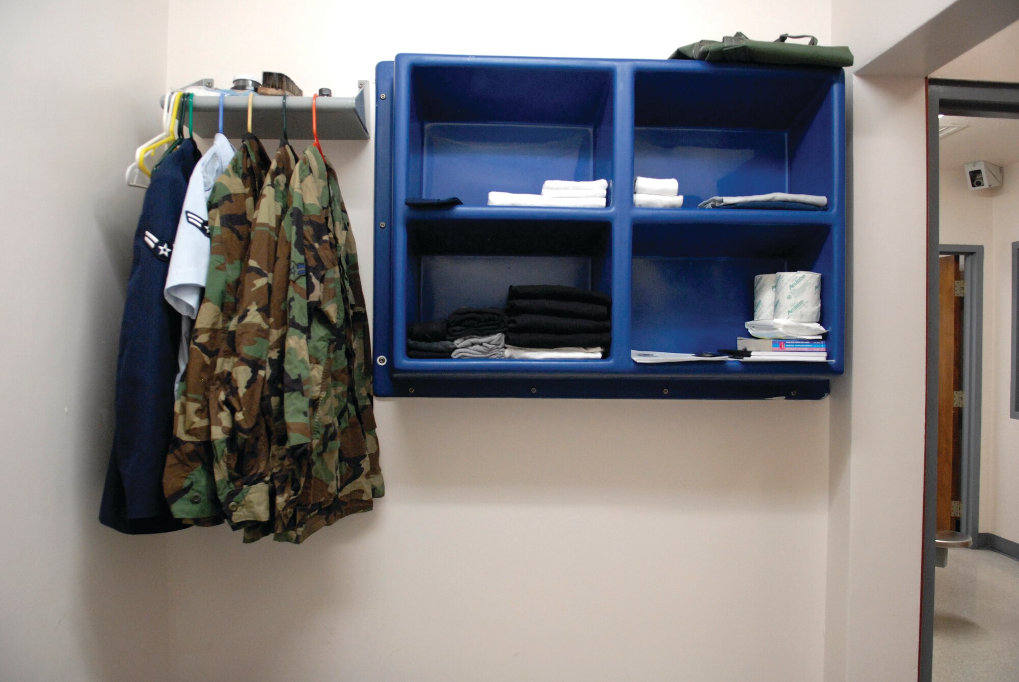 Airmen jailed in the confinement center store their belongings in plastic storage containers in their cells, which measure 6 feet, 8 inches long and 2 feet, 8 inches wide. (photo/Debbie Silliman-Wolfe)