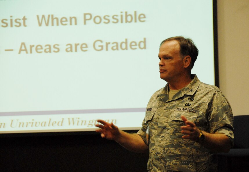 Col. Jon Berrie, Air Force Reserve Command Unit Compliance Inspection team chief, speaks to 919th Special Operations Wing members March 5 during the intial in-brief before the wing undergoes it's five-day UCI at Duke Field.  U.S. Air Force photo/Staff Sgt. Samuel King Jr.