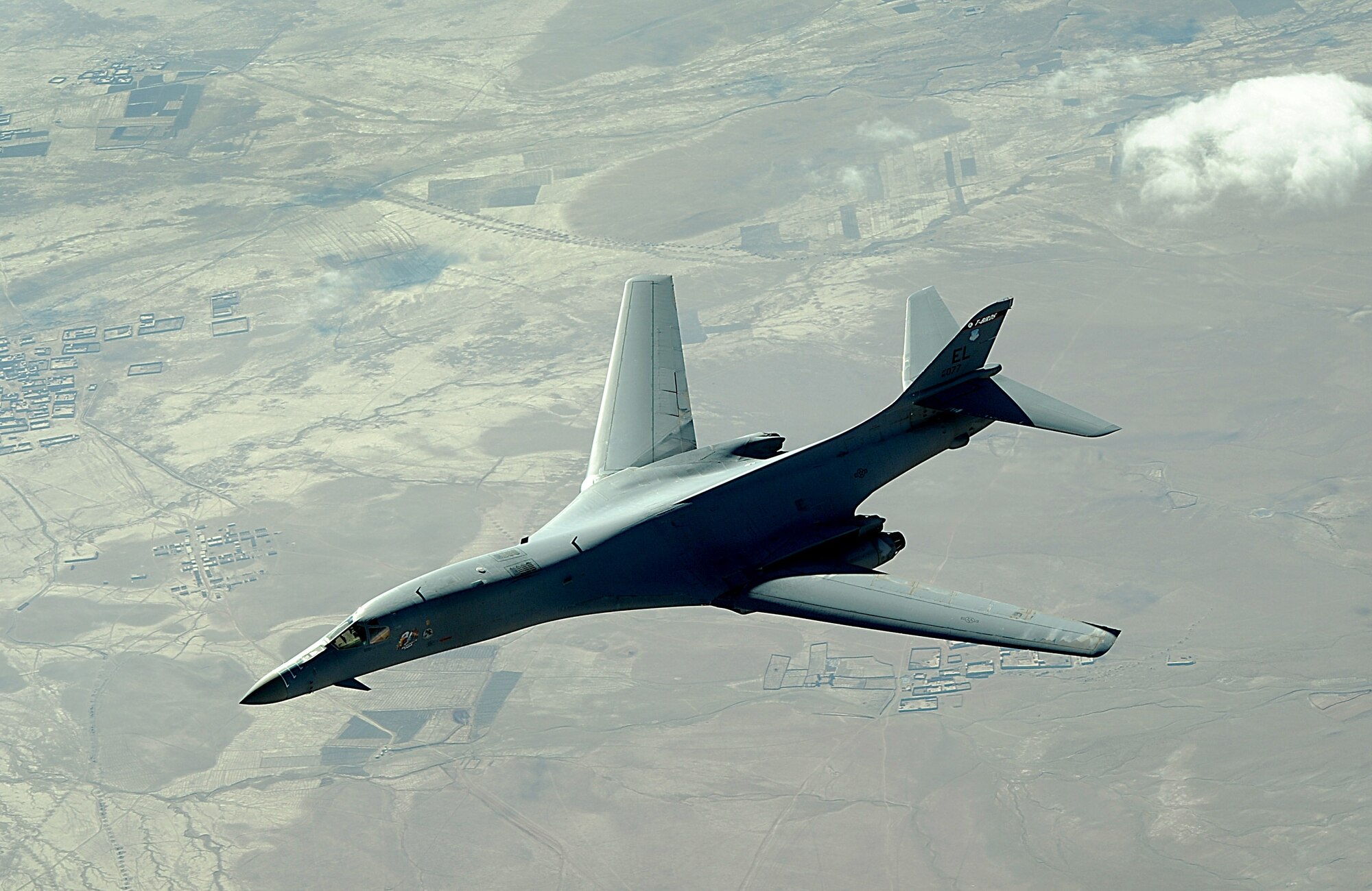 A B-1B Lancer flies a combat patrol mission over Afghanistan in support of Operation Enduring Freedom.  The B-1B is assigned to the 34th Expeditionary Squadron and provides close-air support throughout Southwest Asia. (U.S. Air Force photo/Staff Sgt. Aaron Allmon)  