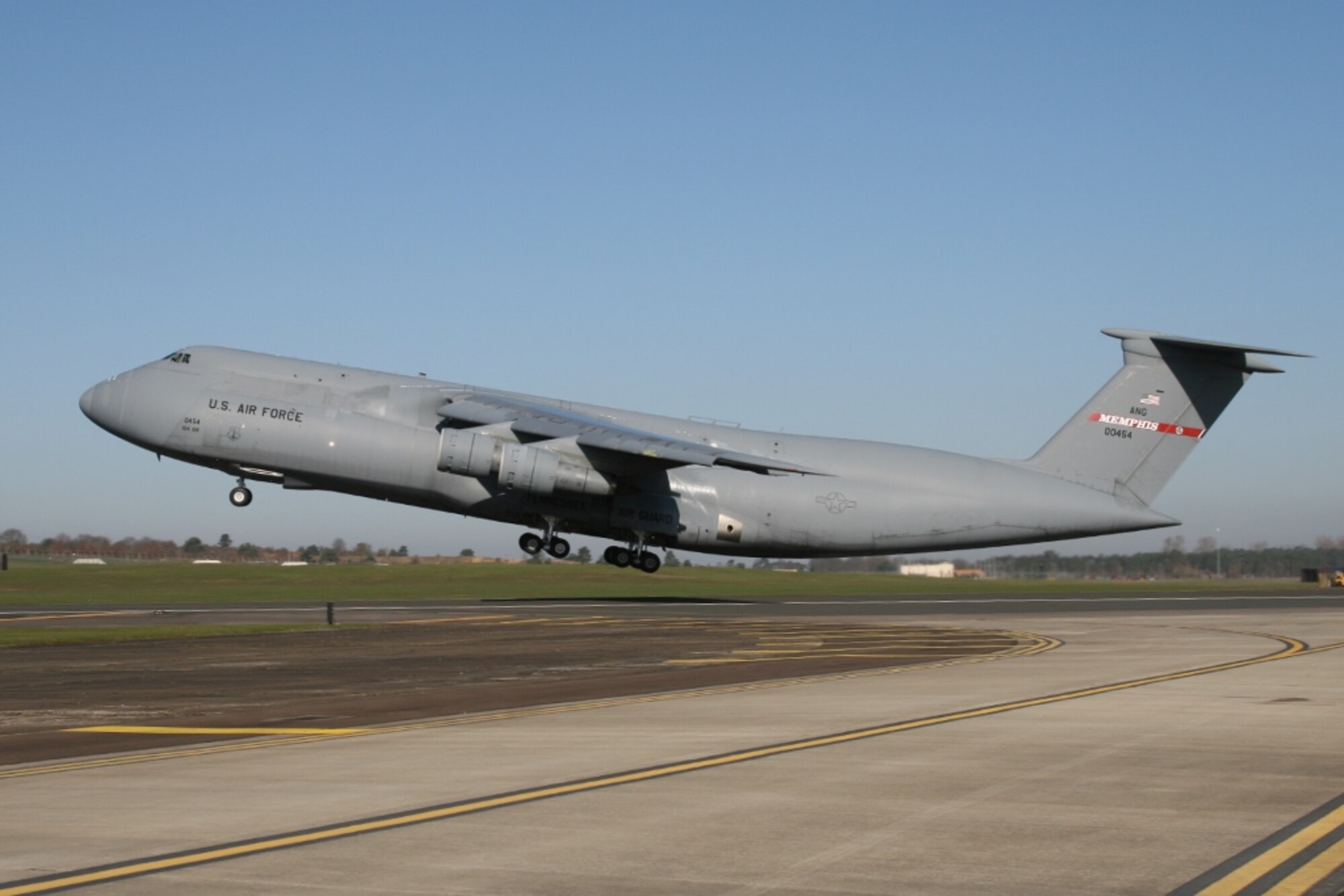 A C-5 Galaxy from the Tennessee Air National Guard takes off containing an HH-60 Pavehawk from the 56th Rescue Squadron March 6, 2009 at RAF Lakenheath, England. The 56th RQS is heading to the U.S. for high altitude operations and restricted visibility approach training. (U.S. Air Force photo by Tech. Sgt. Jason Passmore)