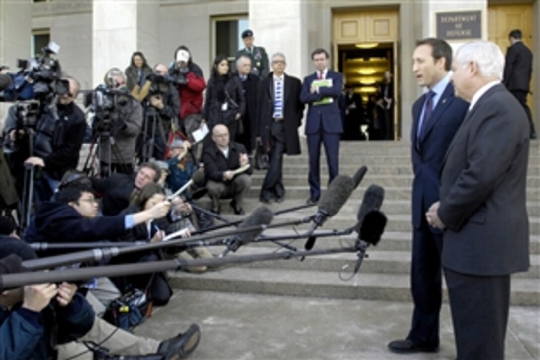 U.S. Defense Secretary  Robert M. Gates and Canadian Minister of National Defense Peter MacKay take questions from reporters following their March 5, 2009, meeting at the Pentagon.