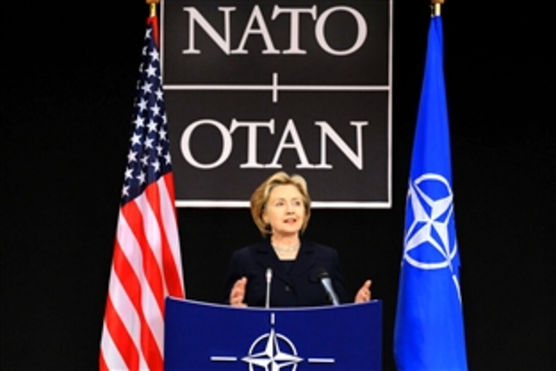 U.S. Secretary of State Hillary Rodham Clinton conducts a press conference after a meeting of NATO foreign ministers at NATO Headquarters in Brussels, Belgium, March 5, 2009.