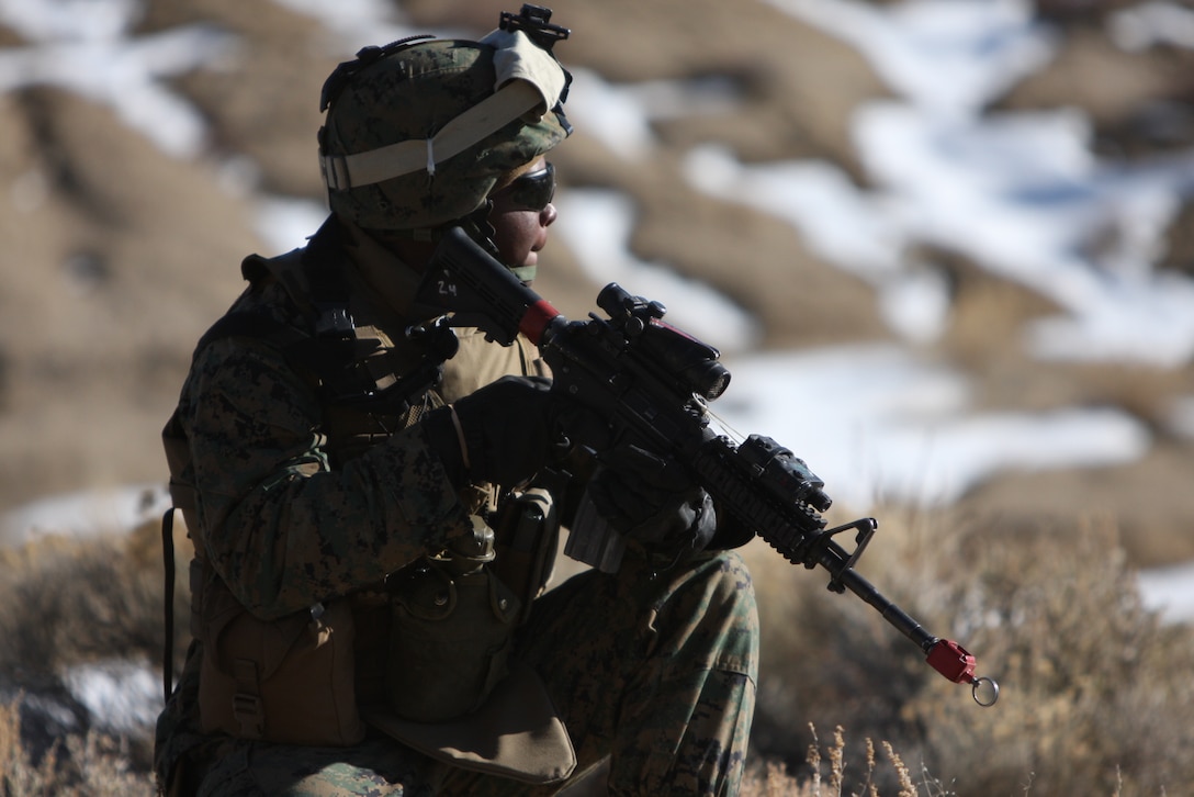 Pfc. Kaderrious McCoy, an assault guided missileman with Weapons Company, 3rd Battalion, 4th Marine Regiment, scans the area while providing security during a convoy training exercise taking place between Bridgeport, Calif., and Hawthorne Army Ammunition Depot in Hawthorne, Nev., March 7.
