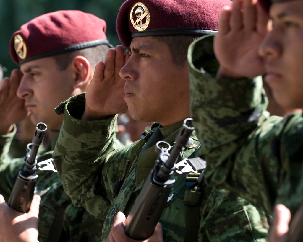 Mexican army members salute during a ceremony honoring the 201st Fighter Squadron at Chapultepec Park in Mexico City, March 6, 2009. Navy Adm. Mike Mullen, chairman of the Joint Chiefs of Staff, laid a wreath at the 201st memorial and talked with former squadron members, who deployed with U.S. forces to the Philippines during World War II. DoD photo by Air Force Master Sgt. Adam M. Stump