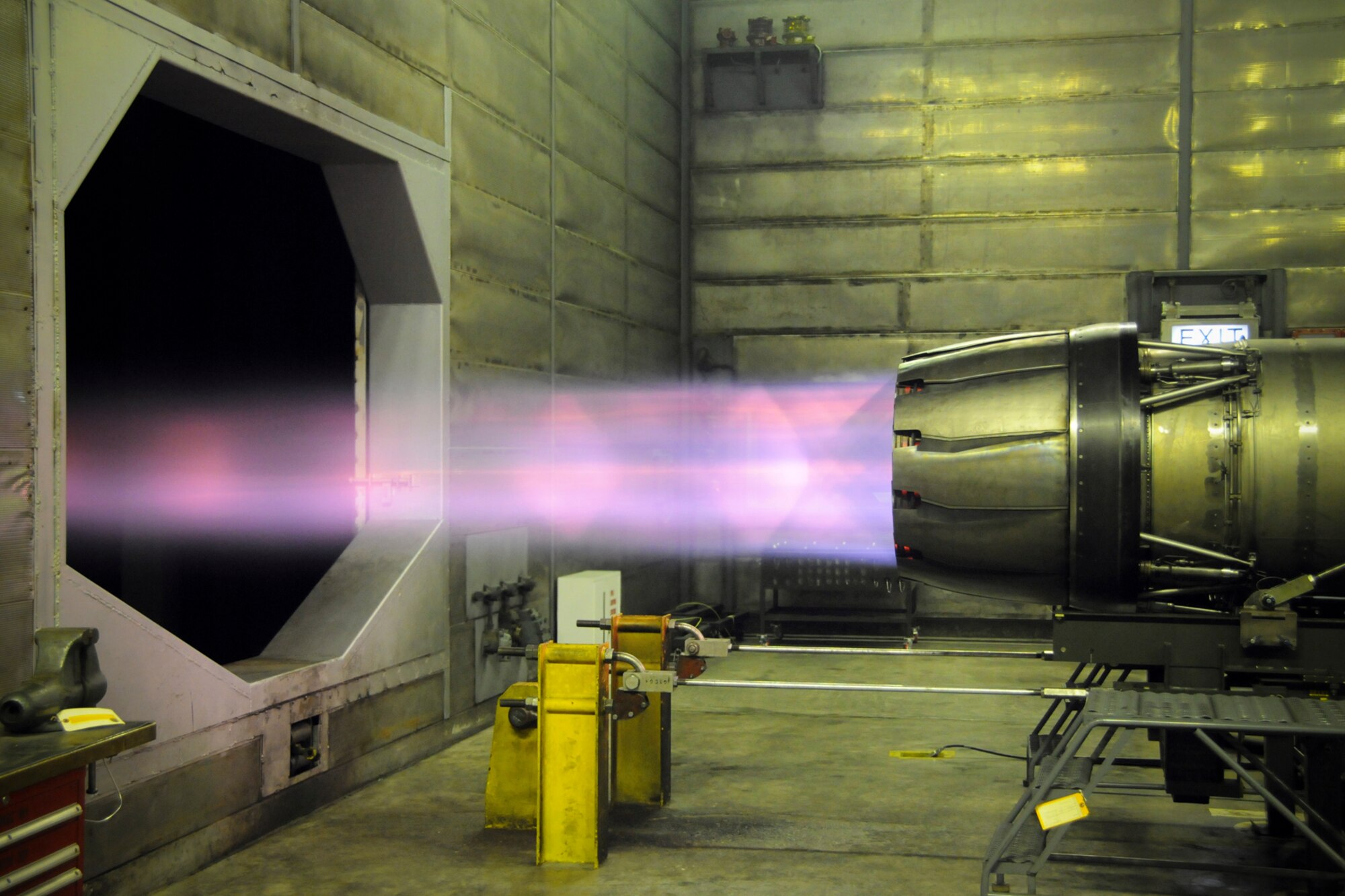 MISAWA AIR BASE, Japan -- The 35th Maintenance Squadron test cell, or hush house, provides a testing area for an F110-GE-129 engine March 4, 2009. Once kicked into full gear, the engine produced about 29,000 pounds of thrust and burned more than 2,000 gallons of fuel during testing. (U.S. Air Force photo by Senior Airman Jamal D. Sutter)