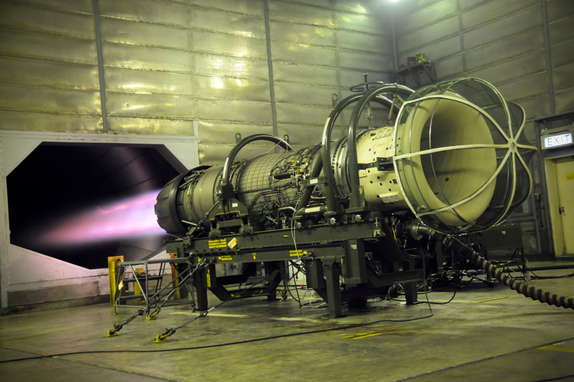 MISAWA AIR BASE, Japan -- The 35th Maintenance Squadron test cell, or hush house, provides a testing area for an F110-GE-129 engine March 4, 2009. Because of the engine's proven safety track record and heritage of high reliability, the F110-GE-129 has been chosen to power more than 75 percent of the U.S. Air Force's single engine F-16 Block 50/52 aircraft. (U.S. Air Force photo by Senior Airman Jamal D. Sutter)