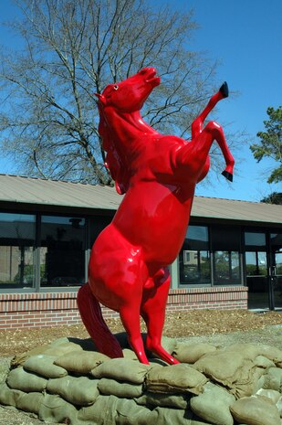A statue marking the arrival of the 560th Red Horse Squadron will be placed in front of their newly established squadron building.  The squadron consists of 209 personnel and is an engineering unit that provides major force bed-down, damage repair and heavy engineering operations during wartime at locations around the world. (U.S. Air Force photo by/Tech. Sgt. Jeff Kelly)