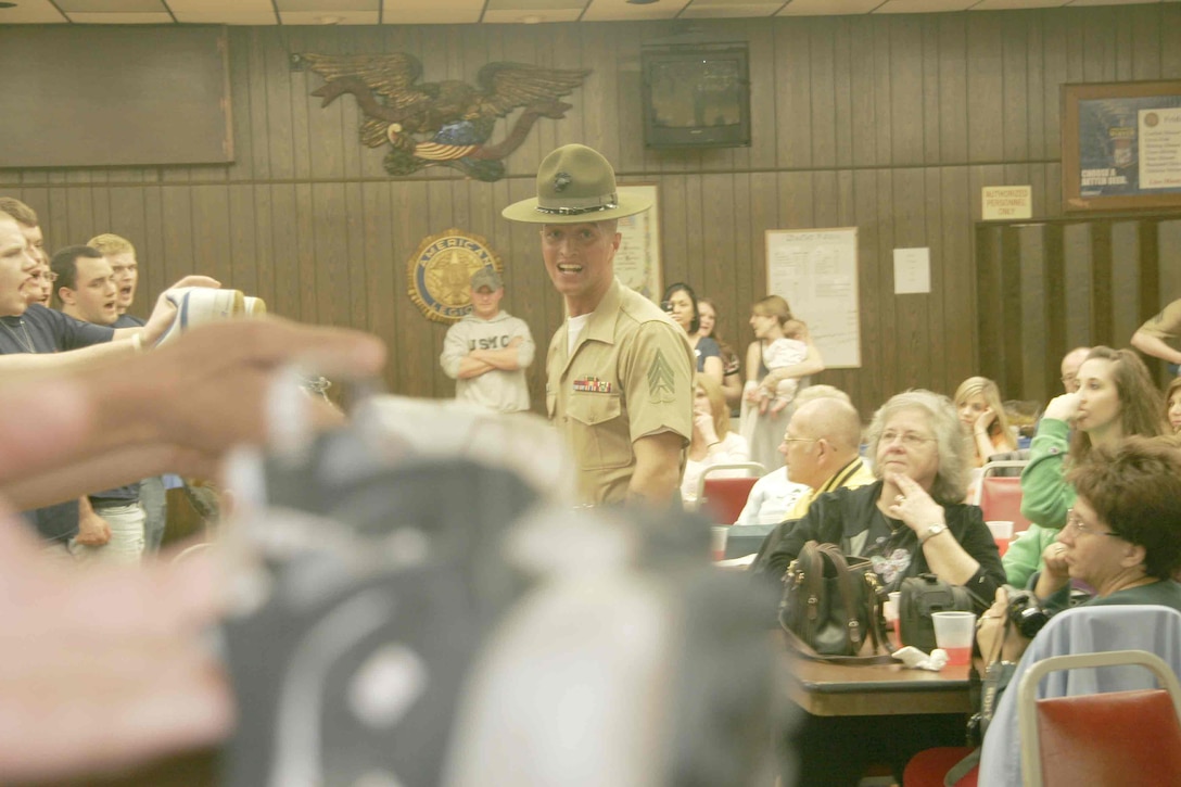 Marine Corps drill instructors visited numerous Iowa,  Nebraska and Illinois locations March 9-13 to join more than 1,000 young men and women who have signed up for the Marine Corps, as well as their families and friends, for dinner, a presentation on recruit training, and an unforgettable 25-minute taste of what these “poolees” can expect at boot camp.