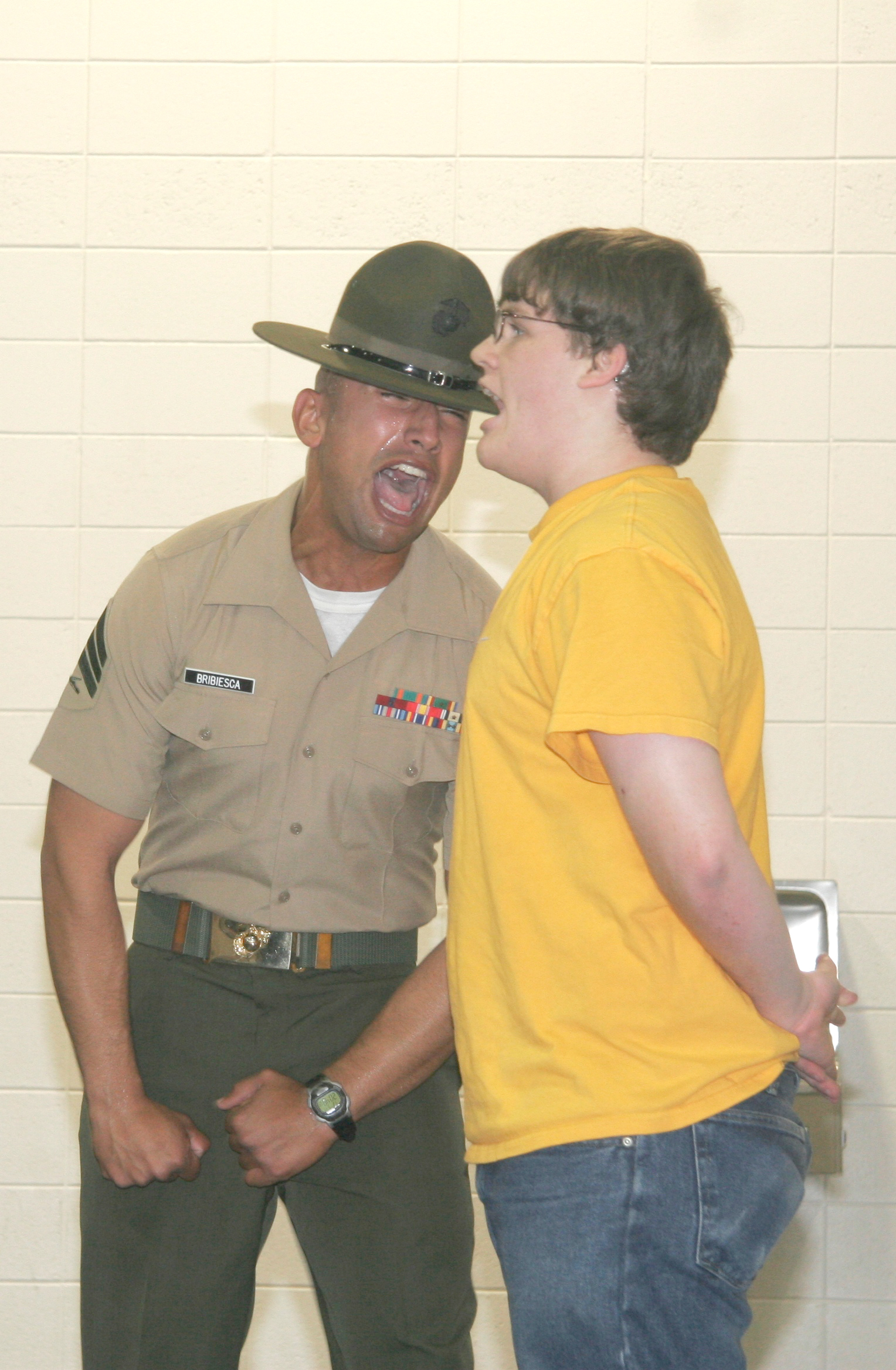 Marine Corps drill instructors visited numerous Iowa,  Nebraska and Illinois locations March 9-13 to join more than 1,000 young men and women who have signed up for the Marine Corps, as well as their families and friends, for dinner, a presentation on recruit training, and an unforgettable 25-minute taste of what these “poolees” can expect at boot camp.