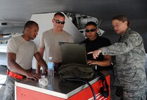 Capt. Mary Lent,  36th Expeditionary Maintenance Squadron Aircraft Maintenance Unit officer-in charge, consults with Avionics Specialist working on a F-22 Raptor assigned to the 90th Expeditionary Fighter Squadron March 6, 2009. Captain Lent is deployed here from Elmendorf Air Force Base, Alaska, and was chosen as the 11th Air Forces Company Grade Officer of the year.(U.S. Air Force photo by Senior Airman Ryan Whitney)