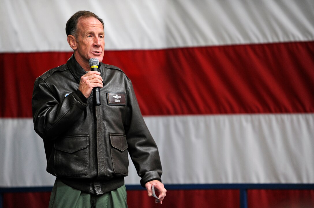 Lt. Gen. Norman Seip, 12th Air Force commander, addresses Ellsworth personnel during an Airmen's Call, March 5. General Seip hosted an open forum for Airmen to directly ask him questions about his vision for the future of the Air Force. (U.S. Air Force photo/Senior Airman Marc I. Lane)