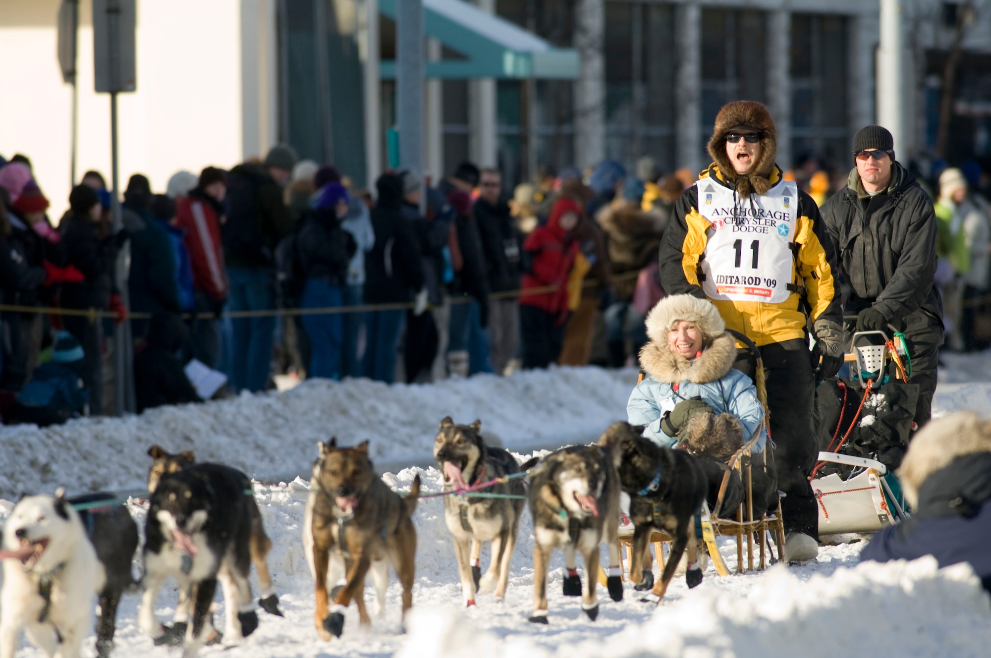 ANCHORAGE, Alaska -- Michael Suprenant, a U.S. Army civilian employee working at nearby Elmendorf Air Force Base, begins his race in 37th annual Iditarod March 7, 2009. Known as the “Last Great Race on Earth,” the Iditarod takes mushers and their dogs from Anchorage, in south central Alaska, to Nome on the western Bering Sea coast, more than 1,150 miles in 10 to 17 days. Suprenant is retired Air Force avionics technician on F-4s, A-10s, C-130s, C-5s, C-141s, KC-10s, KC-135s and the C-17. (U.S. Air Force photo by Senior Airman Jonathan Steffen)