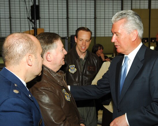 President Dieter F. Uchtdorf, Second Counselor in the First Presidency of The Church of Jesus Christ of Latter-day Saints, visits with Col. Kelvin Findlay, 151st ARW commander at the Utah ANG Base in Salt Lake City on Feb. 8.  Pres. Uchtdorf was invited by the Utah ANG to speak at a Sunday morning devotional held at the base.
U.S. photo by Master Sgt. Burke Baker