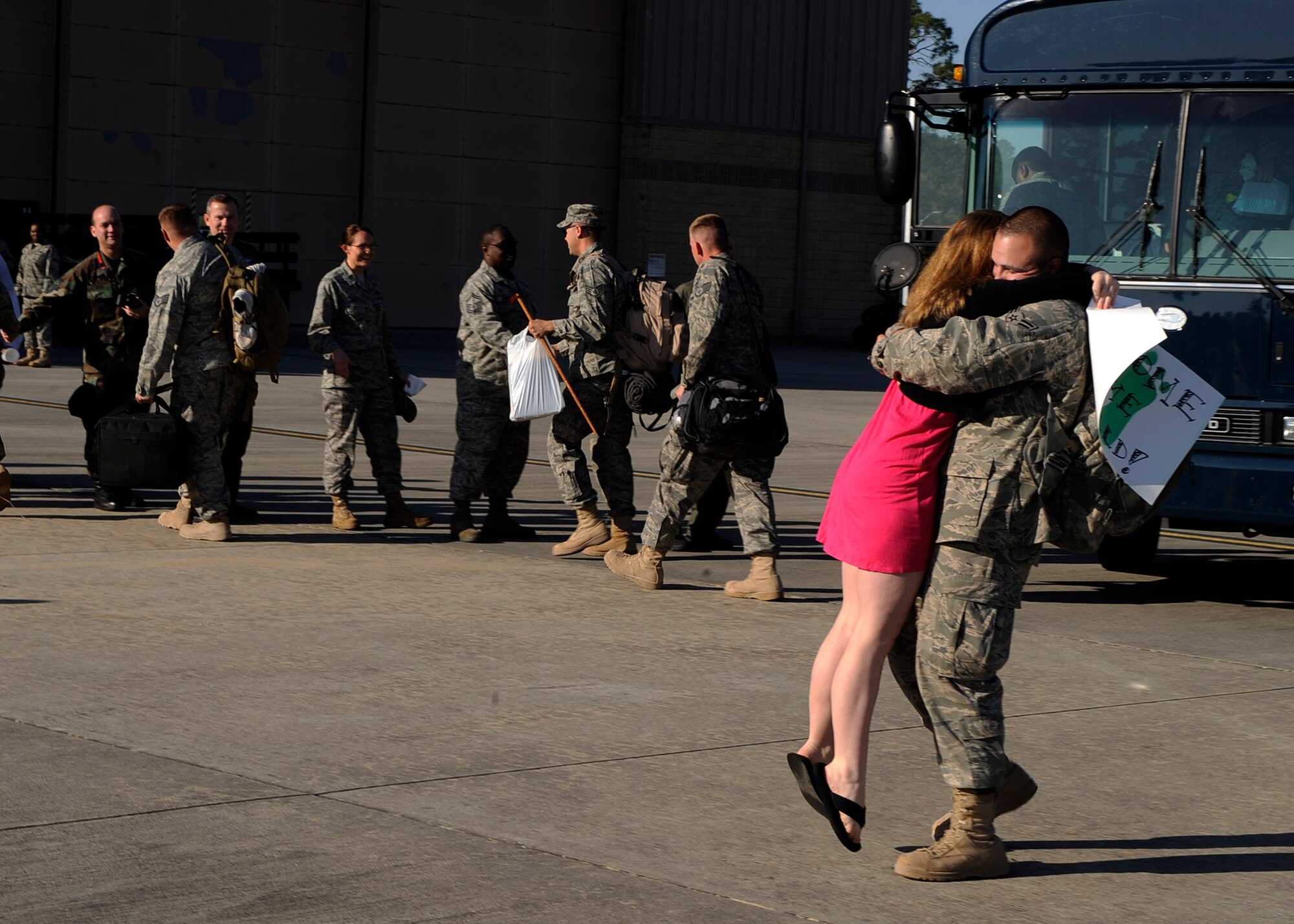 MOODY AIR FORCE BASE, Ga. -- Members from the 41st Rescue Squadron return home from a deployment here March 6. The Airmen were greeted by family members, friends and co-workers during a welcome home ceremony. (U.S. Air Force photo by Senior Airman Brittany Barker)  