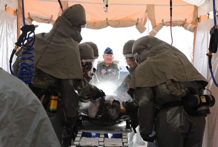 DYESS AIR FORCE BASE, Texas -- Lieutenant General Norman Seip, 12th Air Force commander, looks on as the 7th Medical Group demonistrated their capabilities here, March 4.  General Seip visited Dyess AFB March 3-4.  (U.S. Air Force photo by Senior Airman Domonique Simmons)