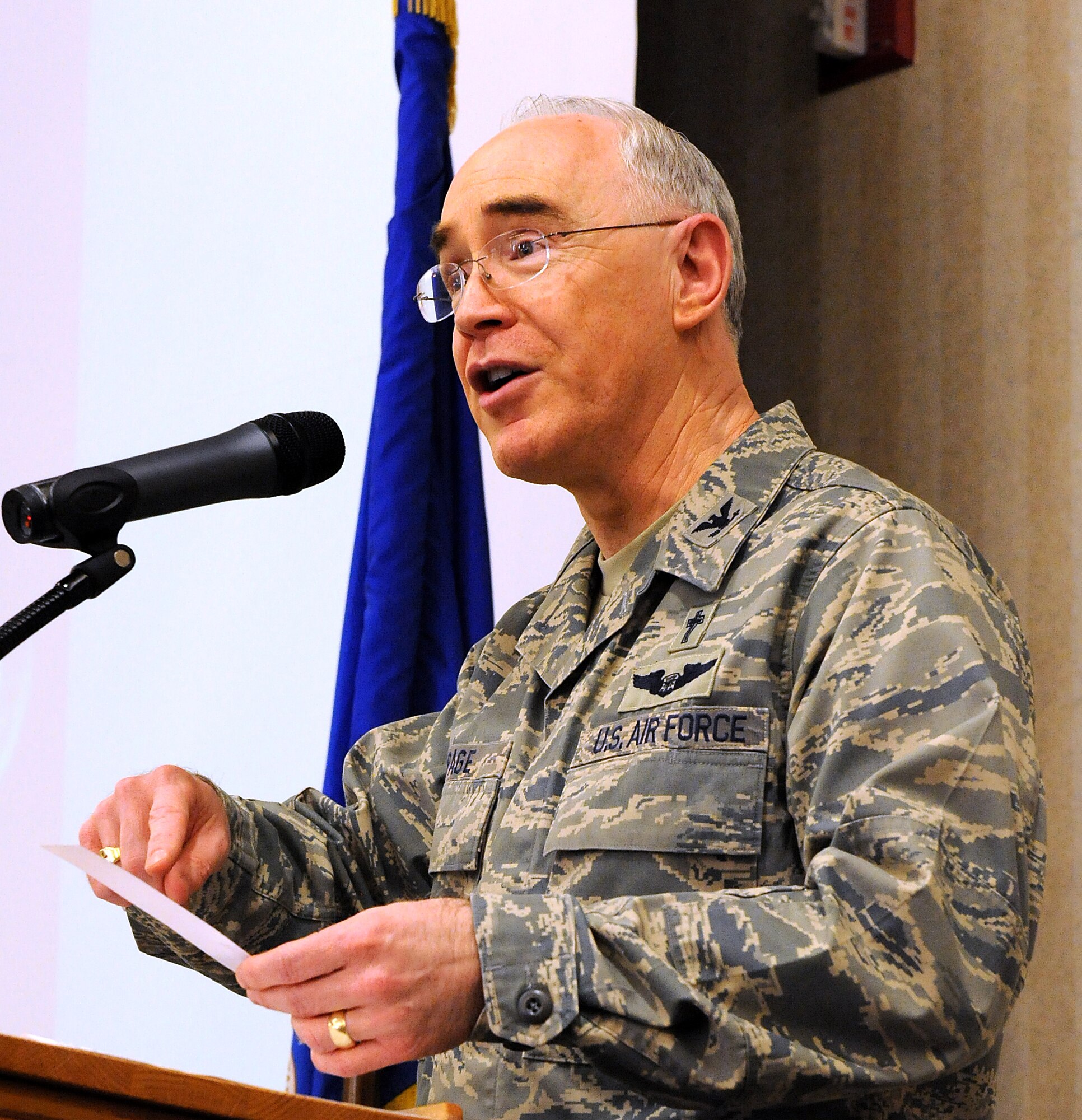 MOODY AIR FORCE BASE, Ga. -- Col. Bobby Page, Air Combat Command command chaplain, speaks to attendees at the National Prayer Luncheon held at the Moody Field Club here March 5. More than 150 base personnel attended this year's event. (U.S. Air Force photo by Airman Joshua Green)