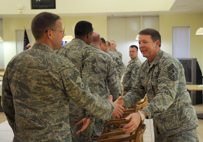 DYESS AIR FORCE BASE, Texas -- Chief Master Sgt. of the Air Force Rodney McKinley meets for breakfast with Dyess AFB Chiefs here, March 6.  CMSAF McKinley visited Dyess AFB March 5-7.  (U.S. Air Force photo by Airman 1st Class Stephen Reyes)