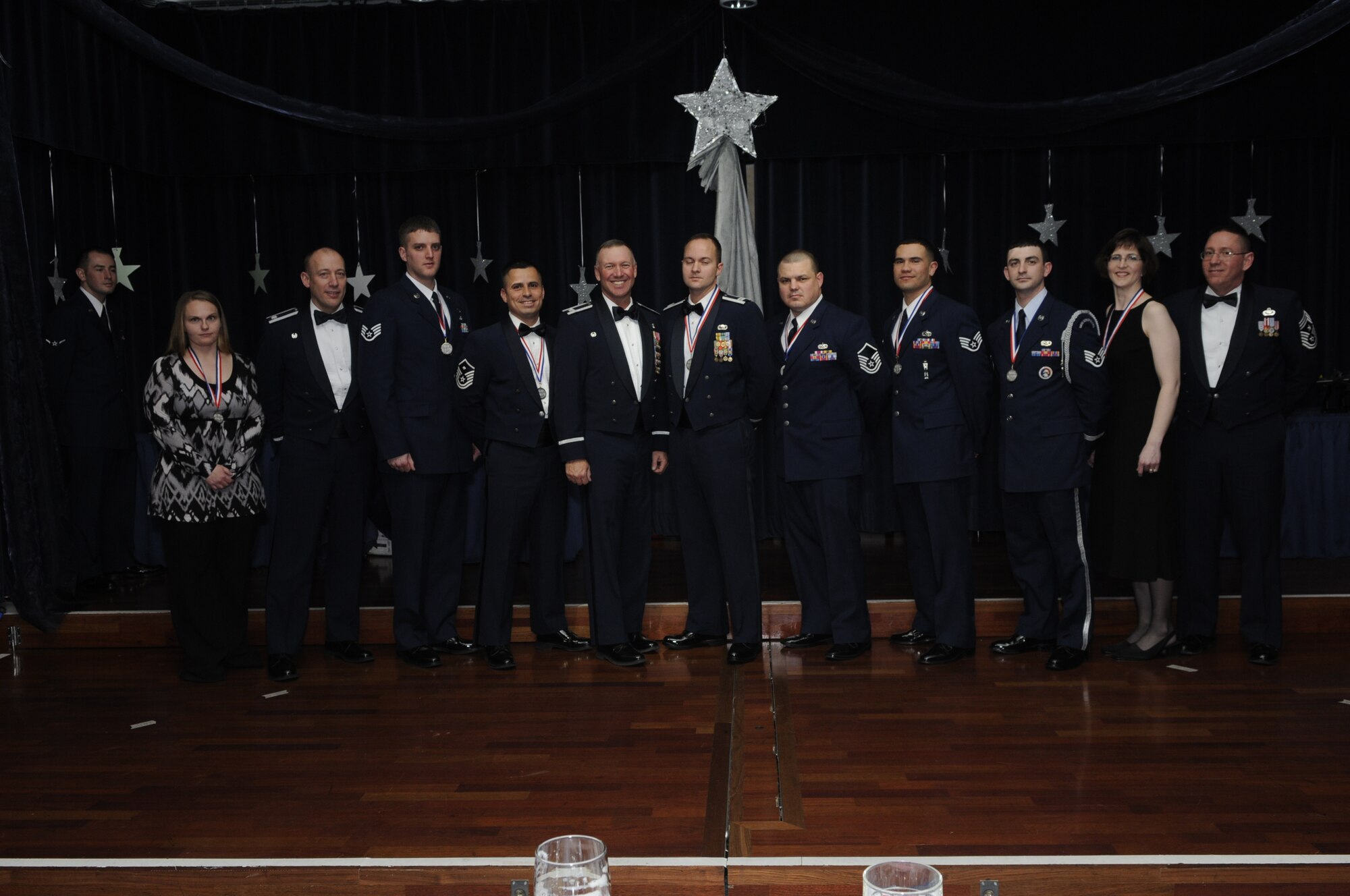 SPANGDAHLEM AIR BASE, Germany – Col. Lee Wight, 52nd Fighter Wing commander, and Chief Master Sgt. Bruce Kenney, 52nd FW command chief, recognize the base’s annual award winners March 7, 2009. (U.S. Air Force photo by Master Sgt. William Gomez)