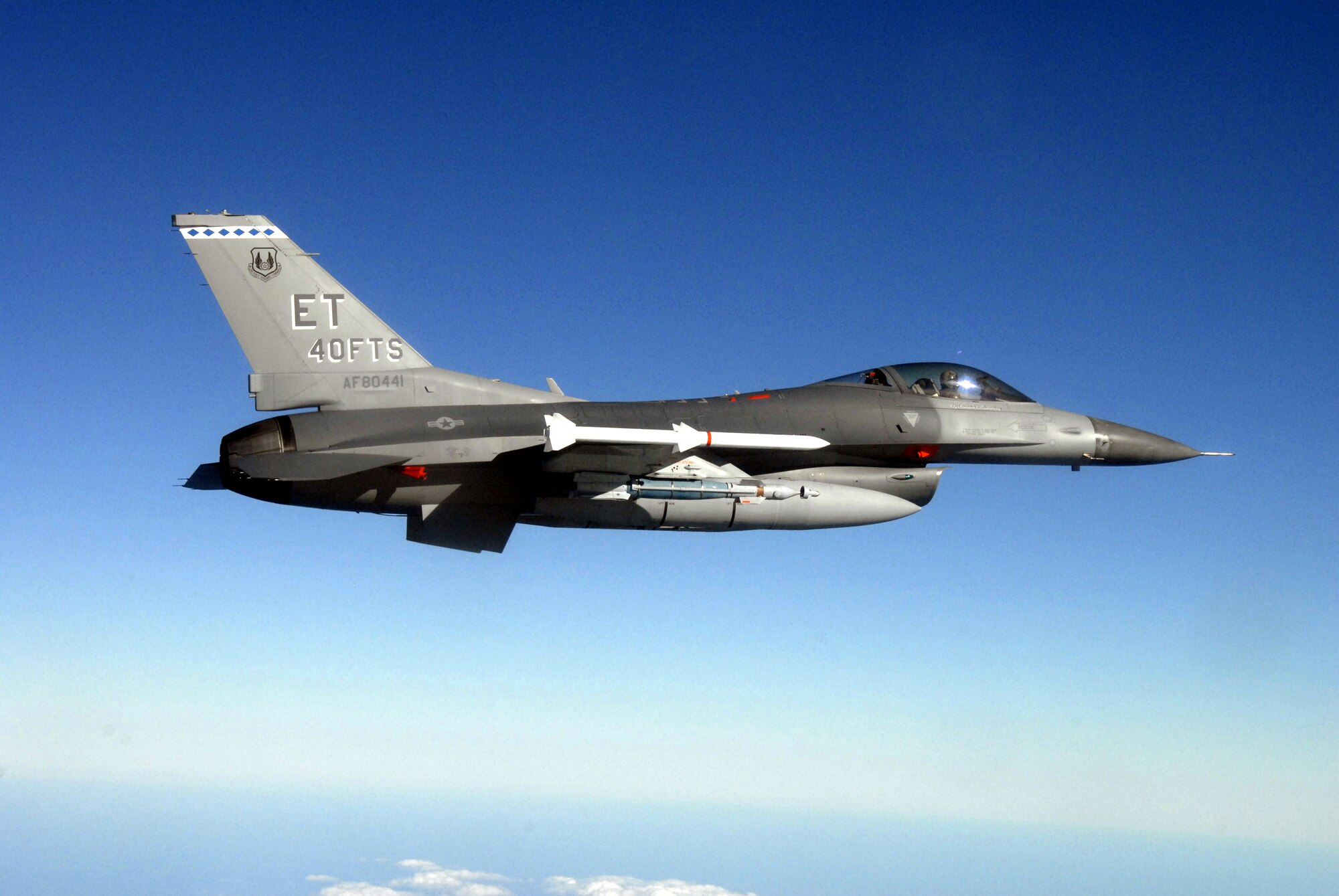 EGLIN AIR FORCE BASE, Fla. - An F-16 from the 40th Flight Test Squadron is shown flying a test mission. The 40th FLTS pilots fly developmental test missions in F-15s, F-16s, A-10Cs and UH-1 helicopters. (U.S. Air Force photo/40th Flight Test Squadron)