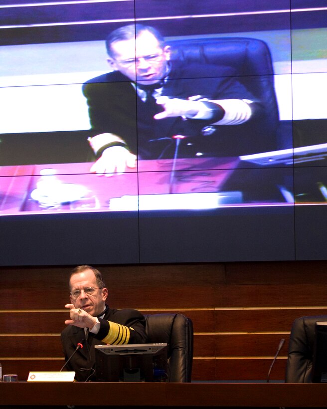U.S. Navy Adm. Mike Mullen, chairman of the Joint Chiefs of Staff, speaks at the Mexican Navy War College in Mexico City, Mexico, March 6, 2009.