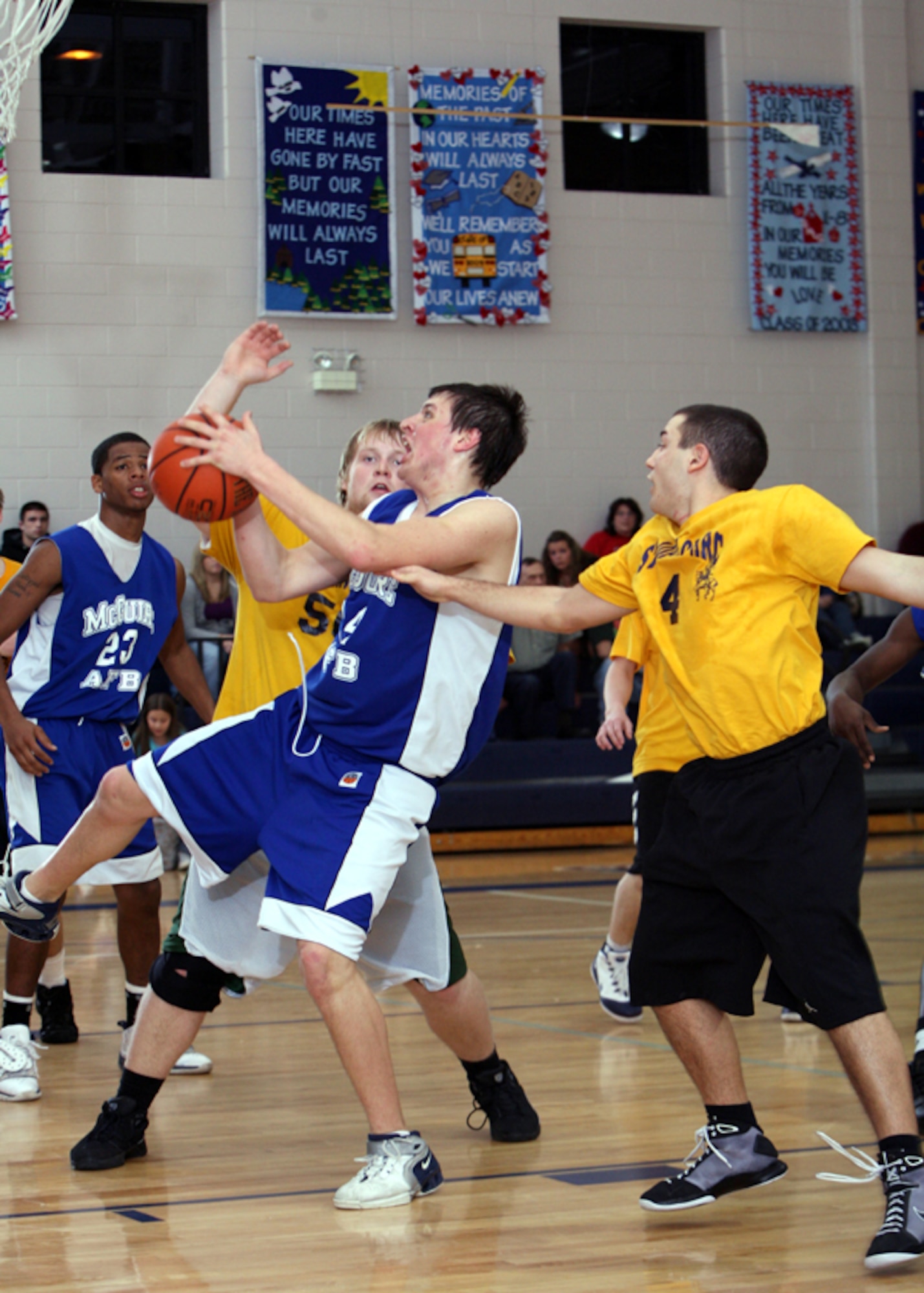 McGuire Falcons Senior Center Alex Sotomayor, son of Master Sgt. Ben Sotomayor, 816th Global Mobility Readiness Squadron, goes up for a two-point shot during the N.J. state semi-final game March 7. The team won the game against St. Mary’s of the Lakes of Medford, N.J., 54-52, and claimed the state title. (Courtesy photo)