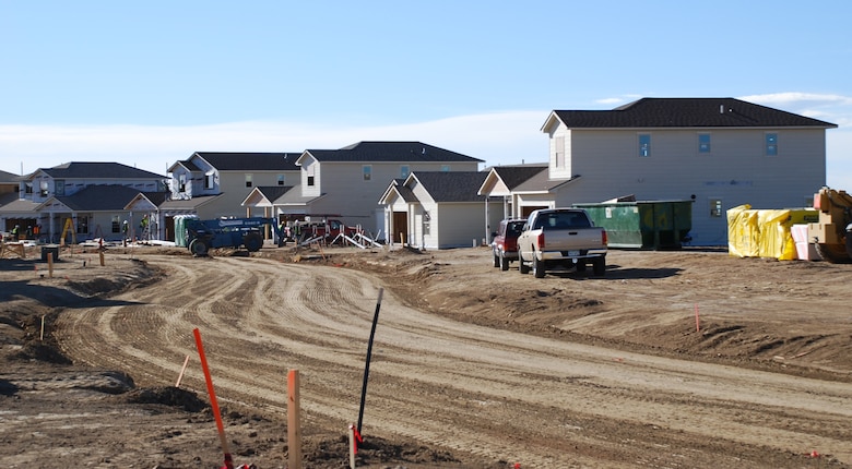 SCHRIEVER AIR FORCE BASE, Colo. - Construction continues on Johnston Street in the new base housing area here March 5. Since October 2008, 51 of the houses have been framed, forming the new neighborhood. (Courtesy photo)