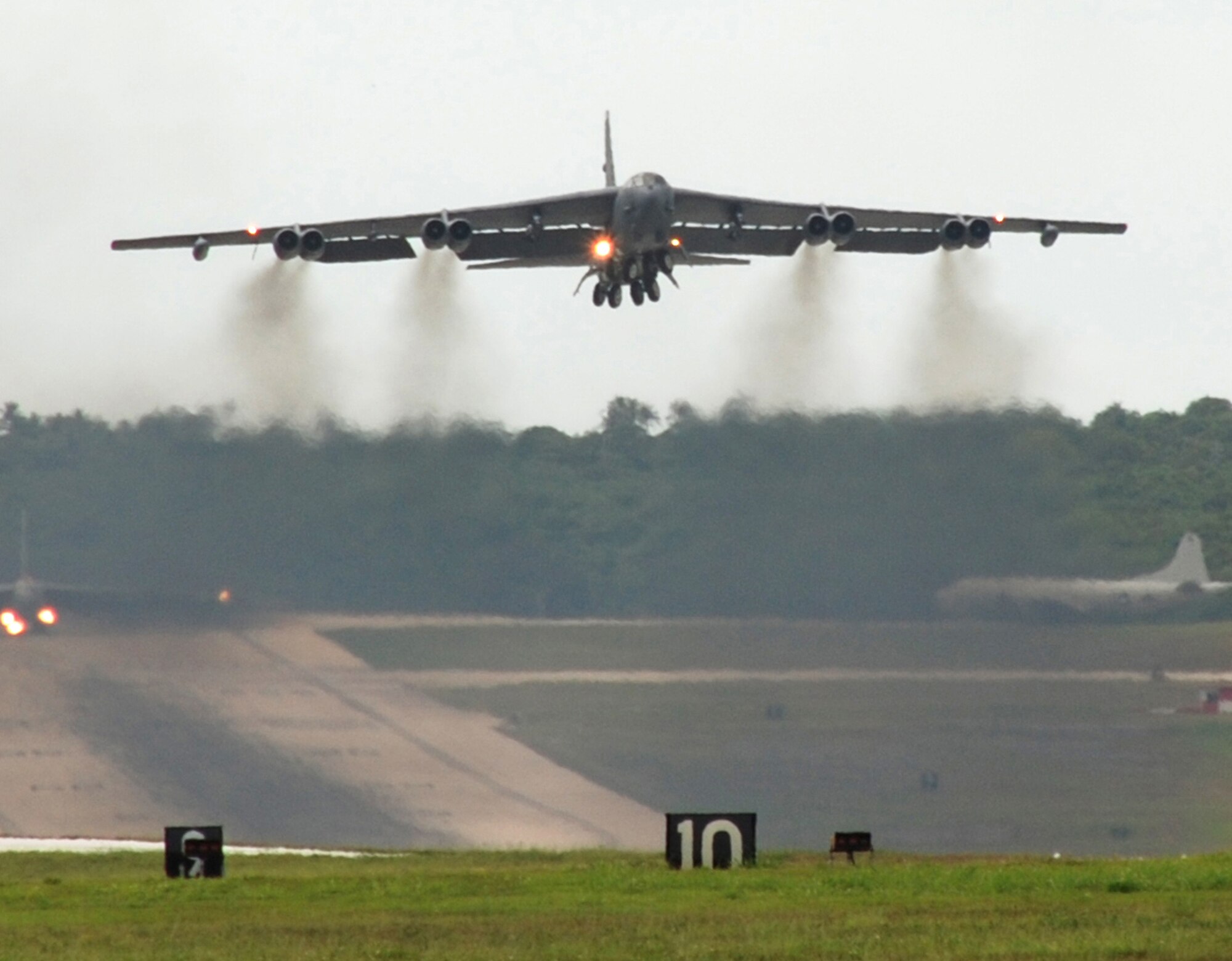A 93rd Bomb Squadron B-52H Stratofortress from Barksdale Air Force Base, La.,  takes off on a bombing mission in support of Valiant Shield, Andersen AFB, Guam, on Aug. 8,  2007.  The Air Force Reserve Command squadron is changing its mission to become the Air Force's B-52 Formal Training Unit. (U.S. Air Force photo/Master Sgt. Greg Steele)