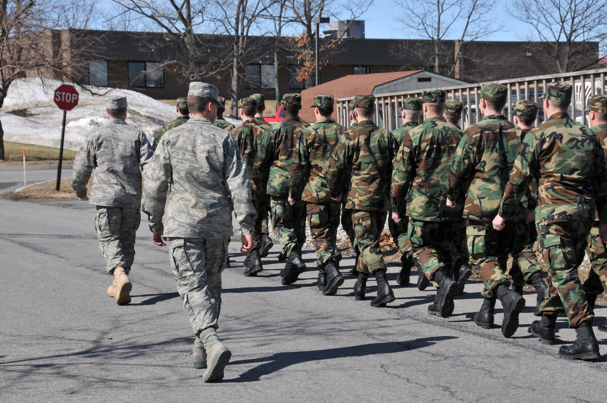 BRATS cadre assistants march the student flight around base March 8. The Basic Recruits Attending Training at Stratton program prepares recruits for the atmosphere they will encounter when they attend Basic Military Training at Lackland Air Force Base, Texas.