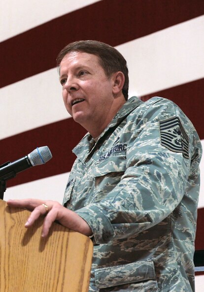 DYESS AIR FORCE BASE, Texas - Chief Master Sergeant of the Air Force Rodney McKinley delivers a speech before a vast audience attending the Maintenance Professional of the Year awards banquet. Chief McKinley was invited as guest speaker for this distinguished event culminating the chief's visit here March 6. (U.S. Air Force photo by Senior Airman Domonique Simmons)